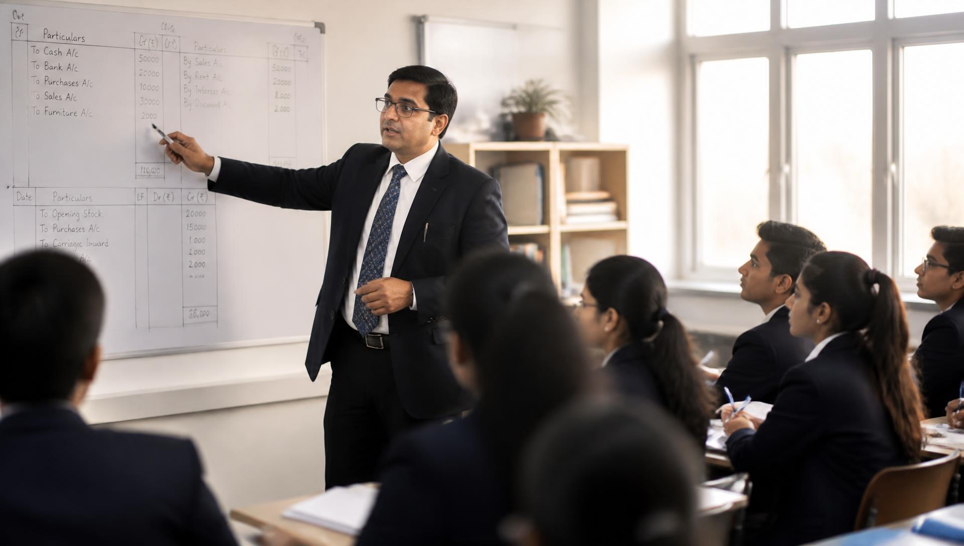 A commerce teacher explaining accounting ledgers to senior school students