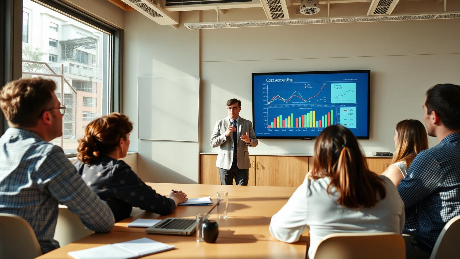 Teacher presenting cost accounting charts to a class